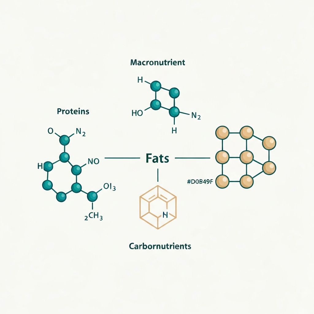 Schematische Diagramm-Visualisierung der drei Makronährstoffe: Proteine, Fette, Kohlenhydrate
